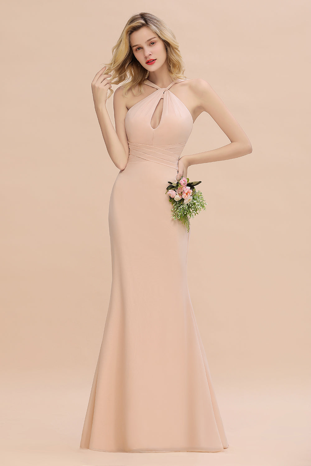 Chic Mermaid Keyhole Pink Chiffon Long Bridesmaid Dresses Affordable with Ruffle - Fashionpara