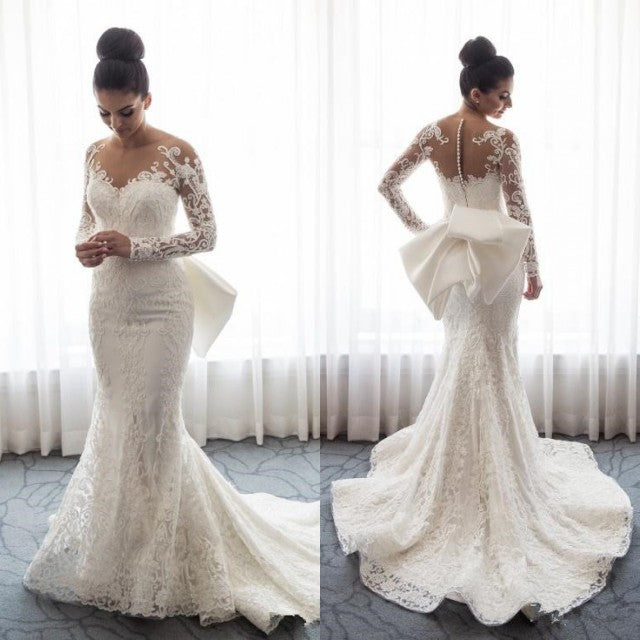 Chic Long Lace Mermaid Wedding Dress with Detachable Train and Long Sleeves - Fashionpara