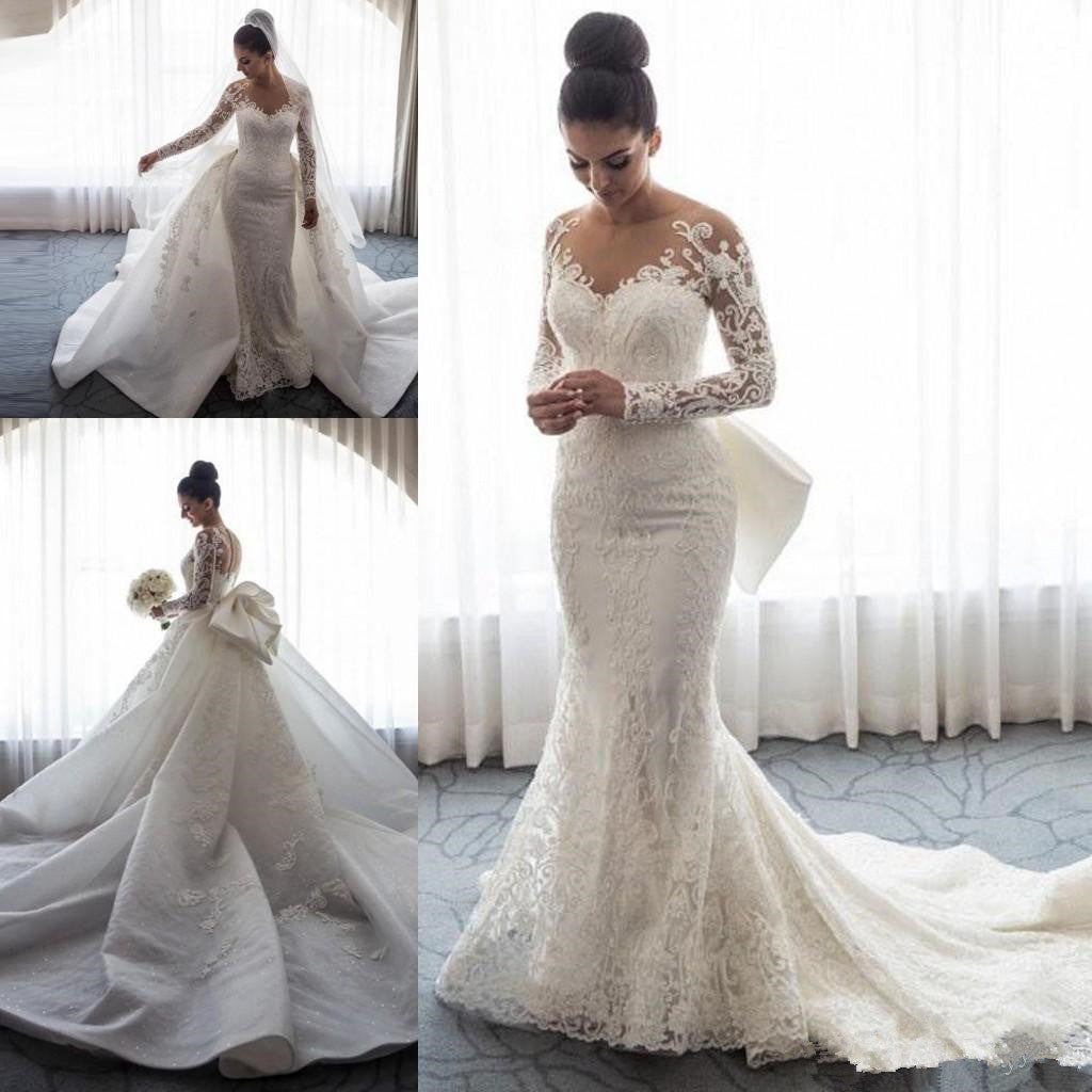 Chic Long Lace Mermaid Wedding Dress with Detachable Train and Long Sleeves - Fashionpara