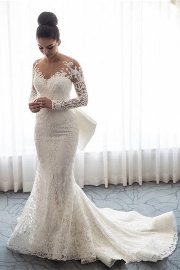 Chic Long Lace Mermaid Wedding Dress with Detachable Train and Long Sleeves - Fashionpara