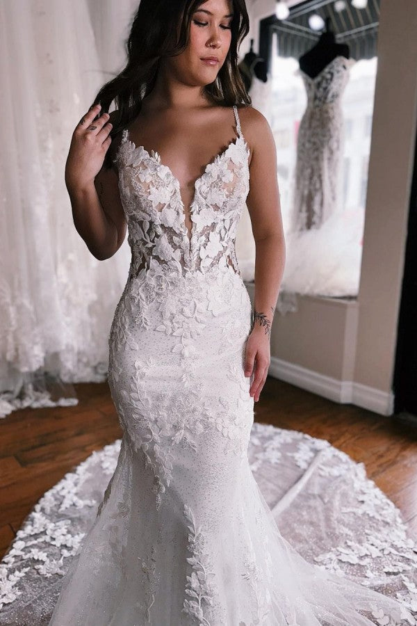 Chic Mermaid Wedding Dress Lace Spaghetti-Straps - Fashionpara