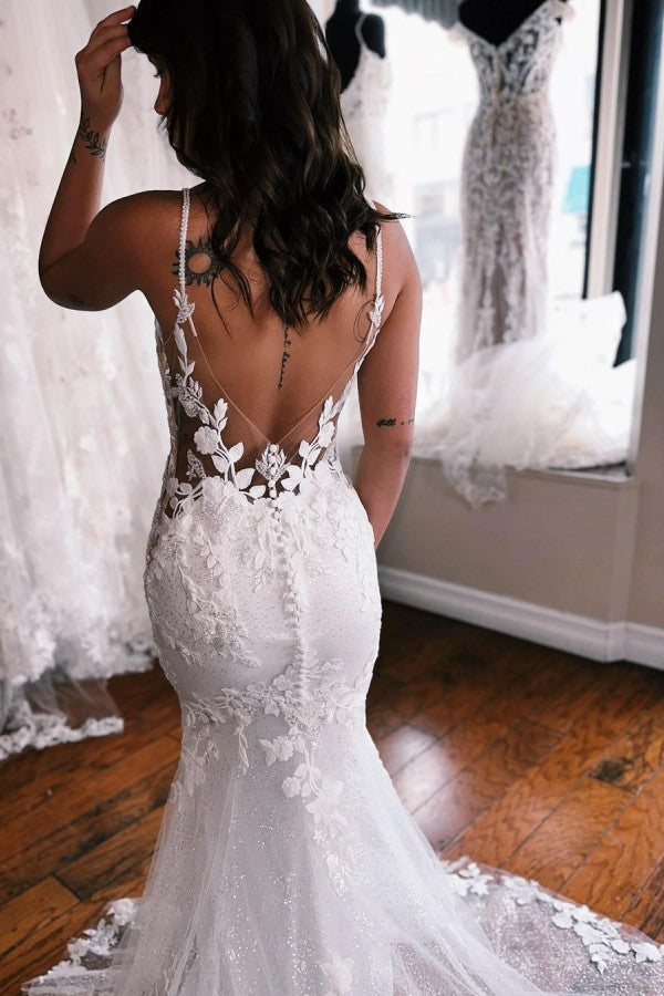 Chic Mermaid Wedding Dress Lace Spaghetti-Straps - Fashionpara