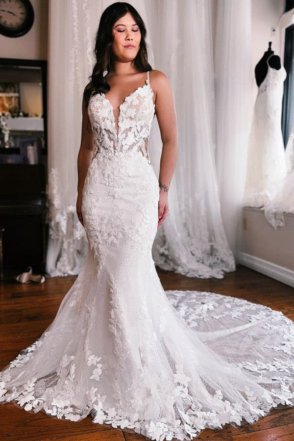 Chic Mermaid Wedding Dress Lace Spaghetti-Straps - Fashionpara
