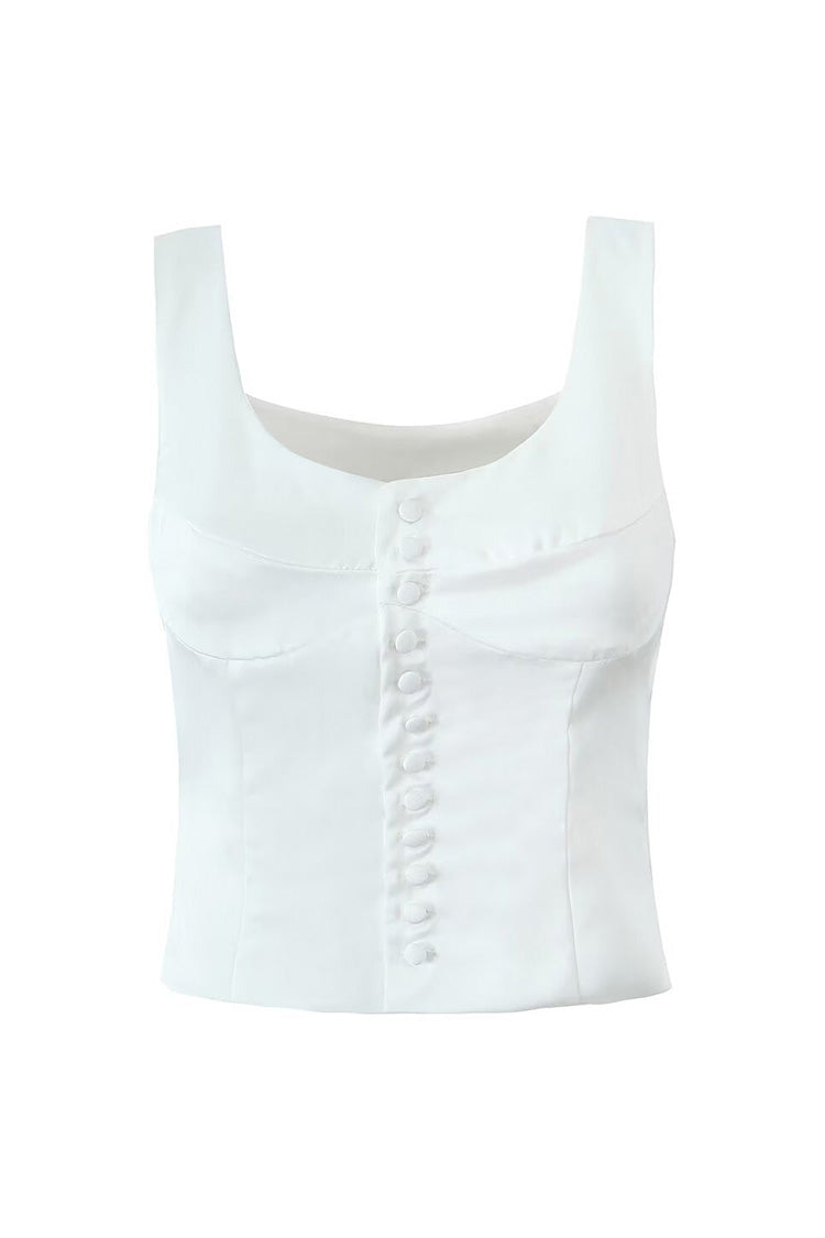 Chic Monochrome Scoop Neck Bustier Cinch Waist Button Up Crop Tank Top - Fashionpara
