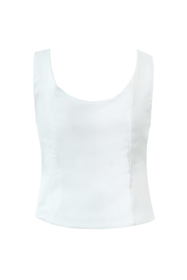 Chic Monochrome Scoop Neck Bustier Cinch Waist Button Up Crop Tank Top - Fashionpara