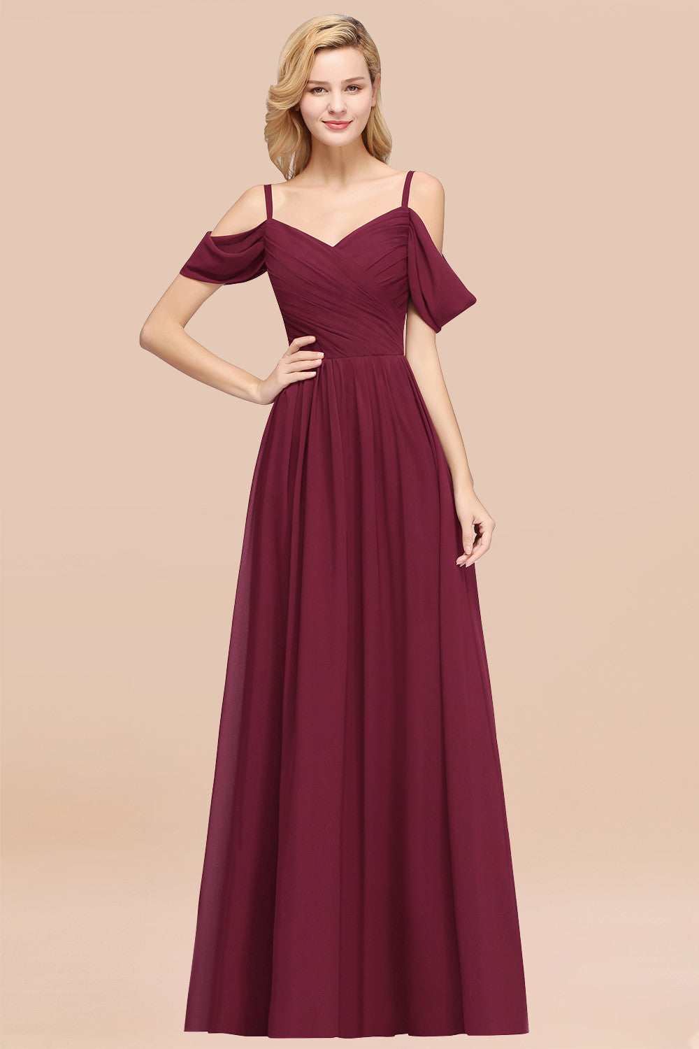 Chic Off-the-shoulder Burgundy Bridesmaid Dresses with Spaghetti Straps