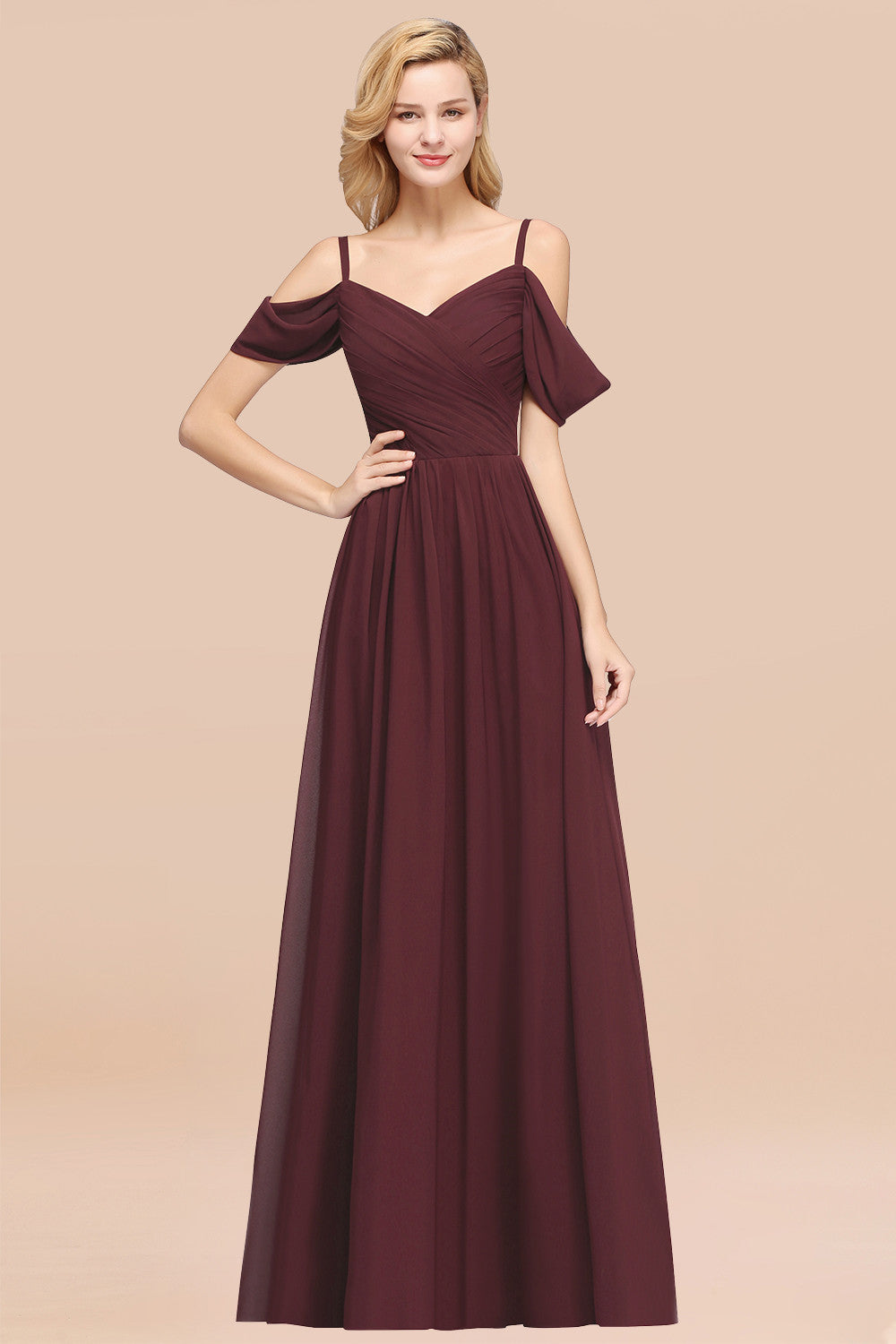 Chic Off-the-shoulder Burgundy Bridesmaid Dresses with Spaghetti Straps