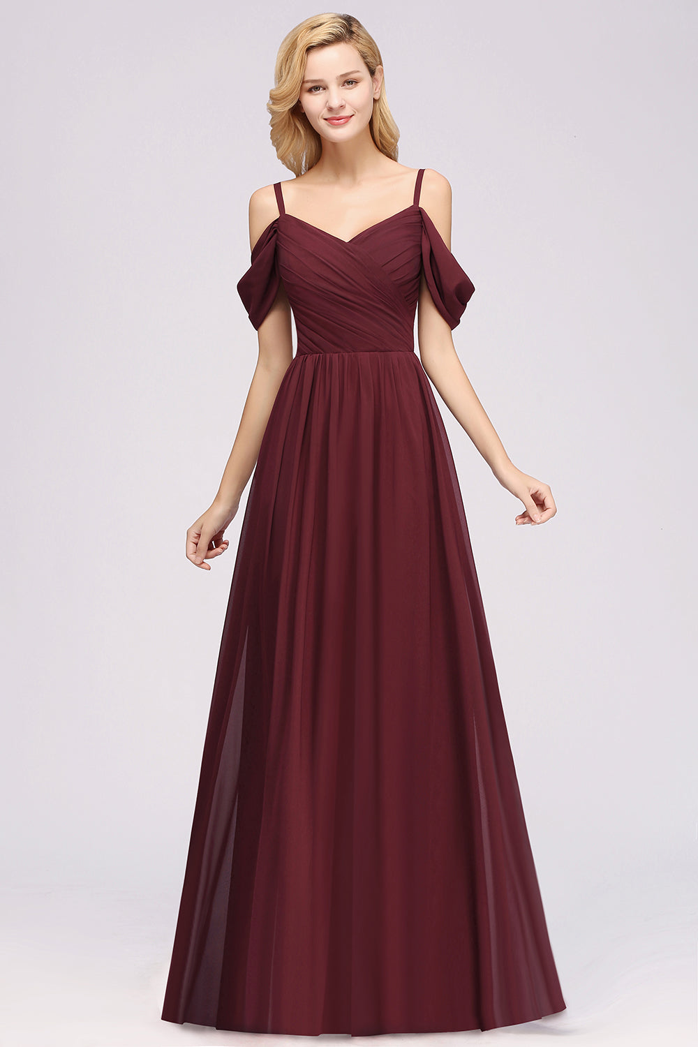 Chic Off-the-shoulder Burgundy Bridesmaid Dresses with Spaghetti Straps