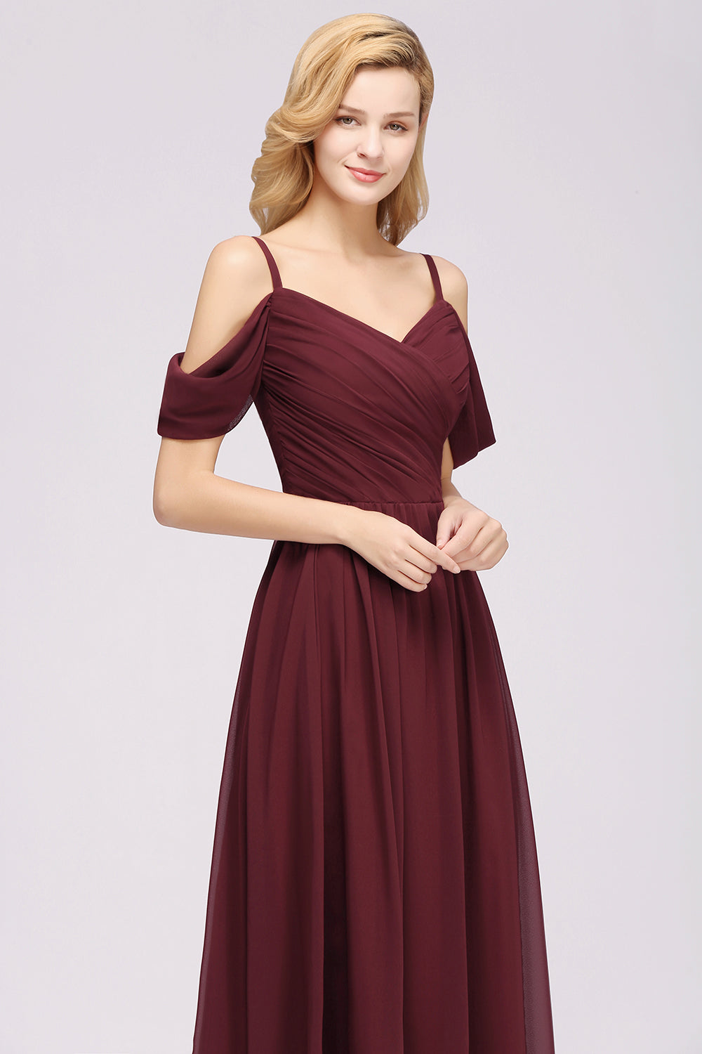 Chic Off-the-shoulder Burgundy Bridesmaid Dresses with Spaghetti Straps