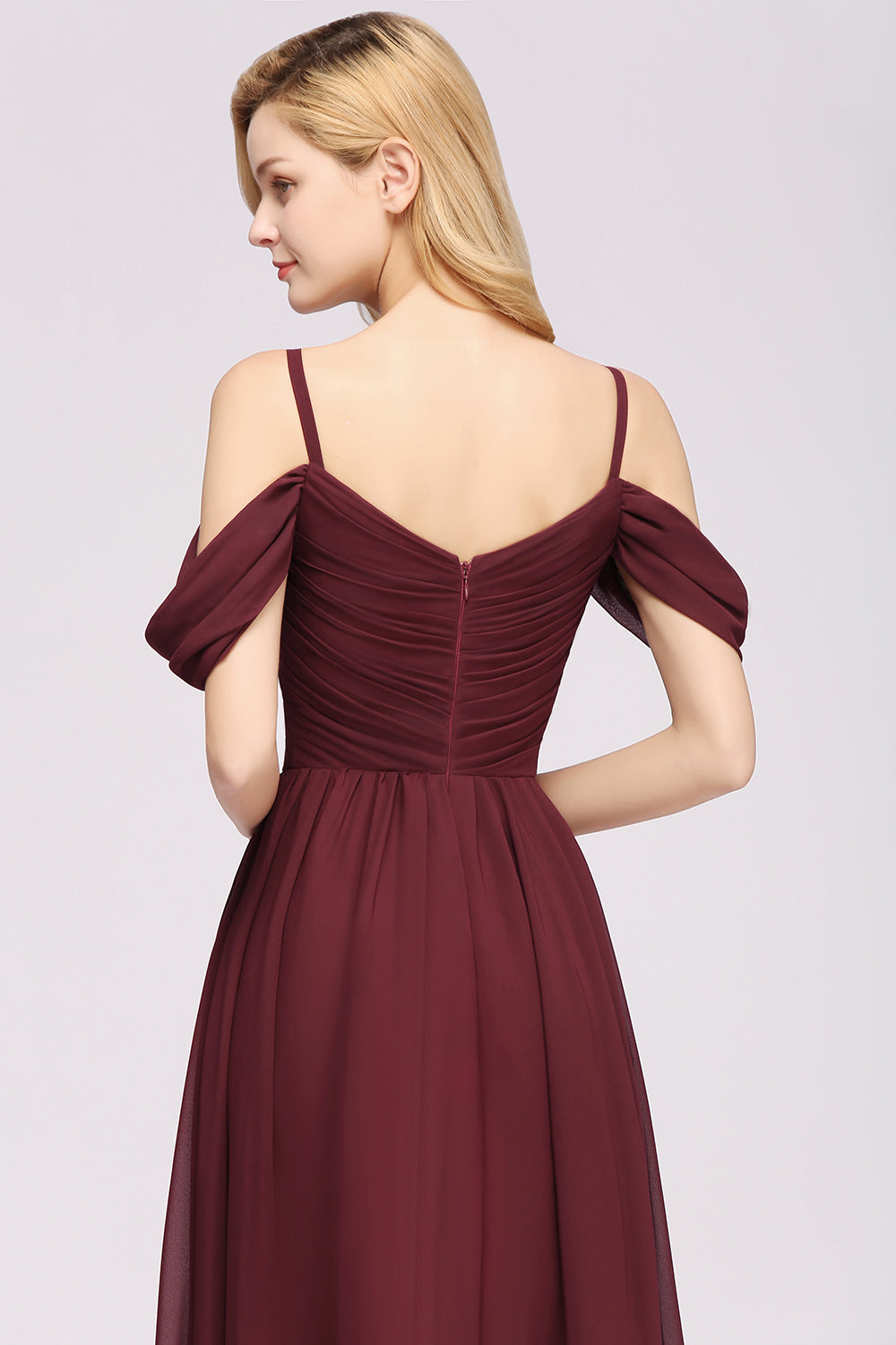 Chic Off-the-shoulder Burgundy Bridesmaid Dresses with Spaghetti Straps