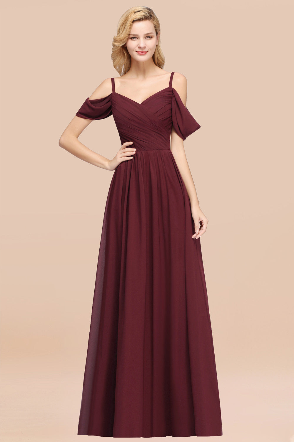 Chic Off-the-shoulder Burgundy Bridesmaid Dresses with Spaghetti Straps