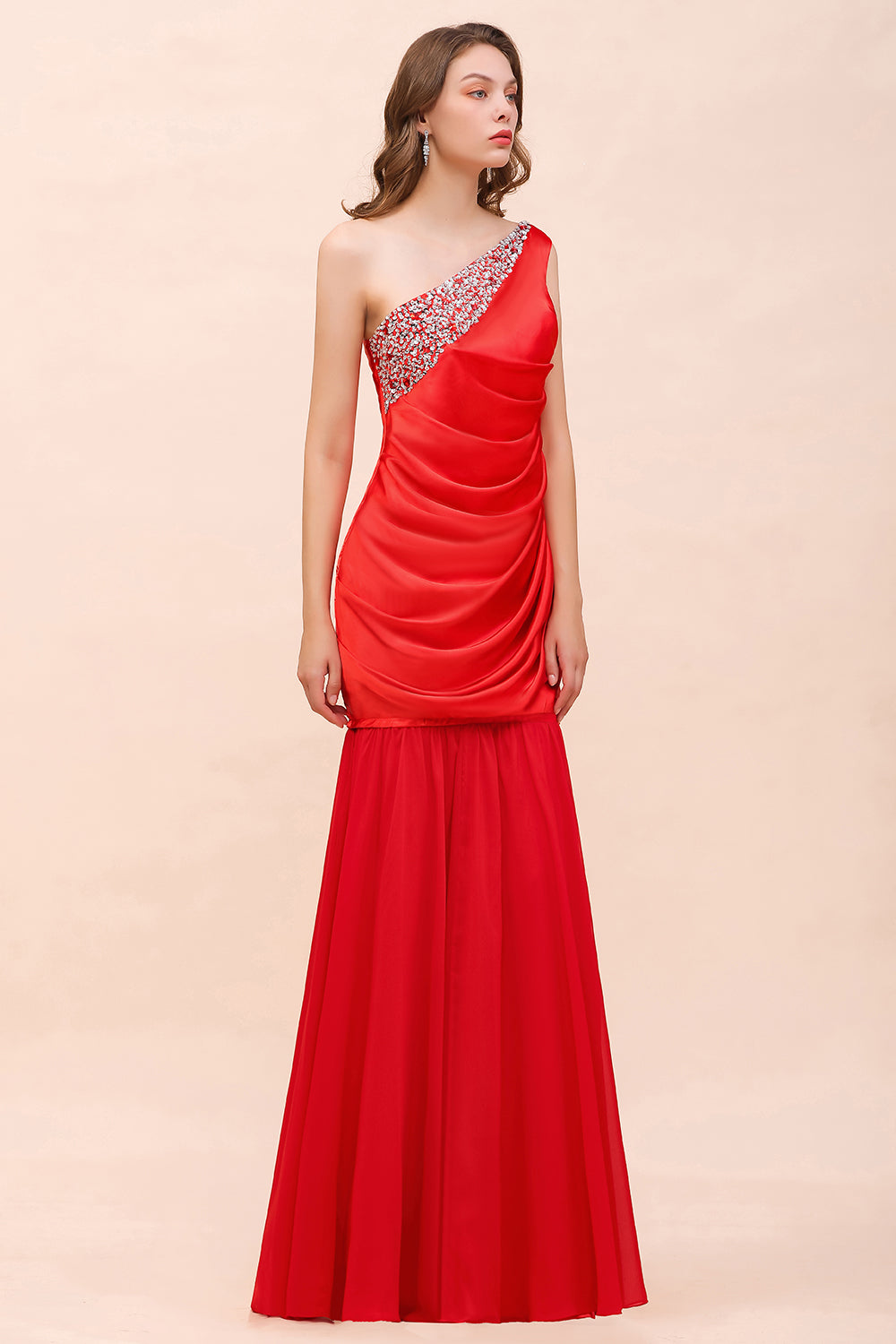Chic One Shoulder Beading Ruffle Red Bridesmaid Dresses with Detachable Skirt - Fashionpara