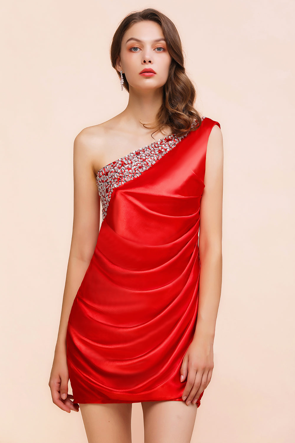 Chic One Shoulder Beading Ruffle Red Bridesmaid Dresses with Detachable Skirt - Fashionpara