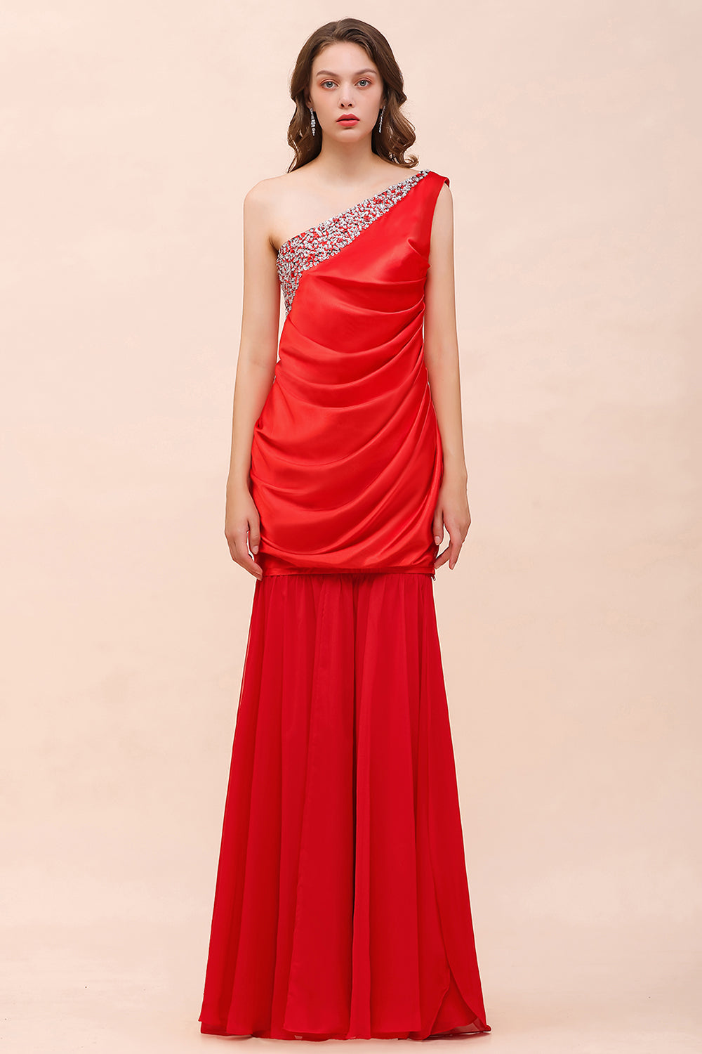 Chic One Shoulder Beading Ruffle Red Bridesmaid Dresses with Detachable Skirt - Fashionpara