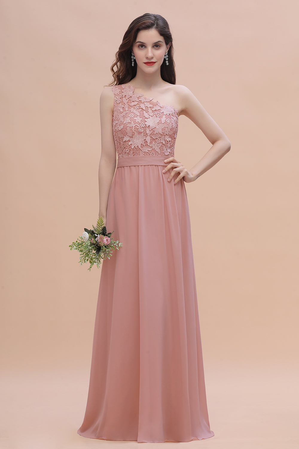 Chic One Shoulder Chiffon Lace Vintage Mauve Bridesmaid Dresses On Sale - Fashionpara