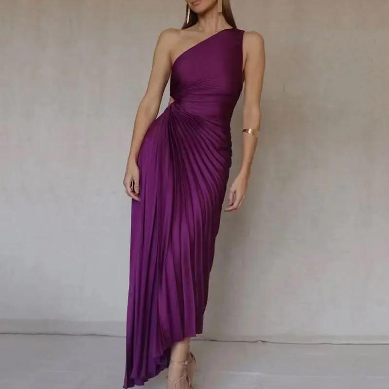 Chic One Shoulder Drawstring Cutout Waist Asymmetrical Pleated Dress - Fuchsia Fashionpara