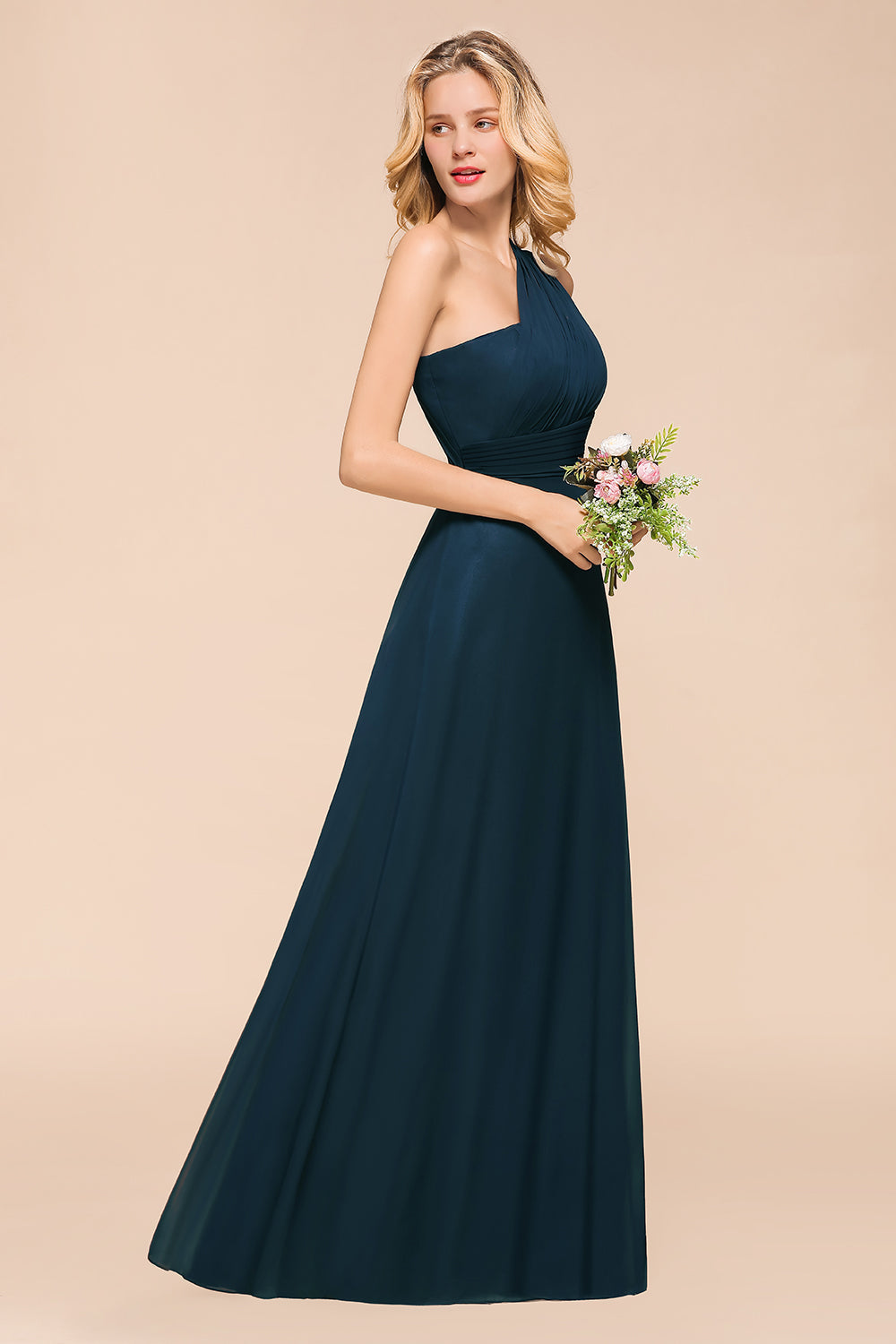 Chic One Shoulder Navy Chiffon Bridesmaid dresses with Ruffle - Fashionpara