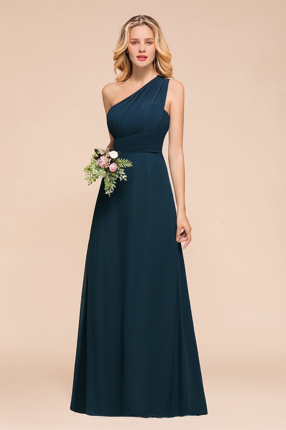 Chic One Shoulder Navy Chiffon Bridesmaid dresses with Ruffle - Fashionpara