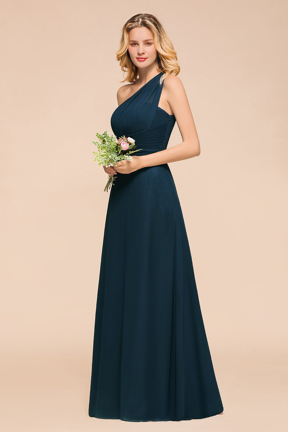 Chic One Shoulder Navy Chiffon Bridesmaid dresses with Ruffle - Fashionpara