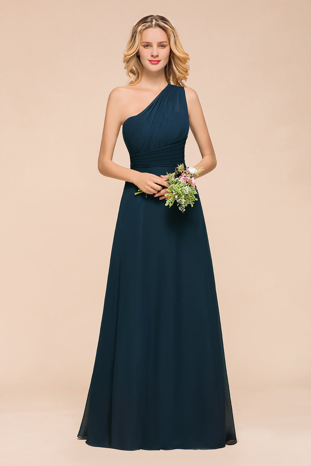 Chic One Shoulder Navy Chiffon Bridesmaid dresses with Ruffle - Fashionpara