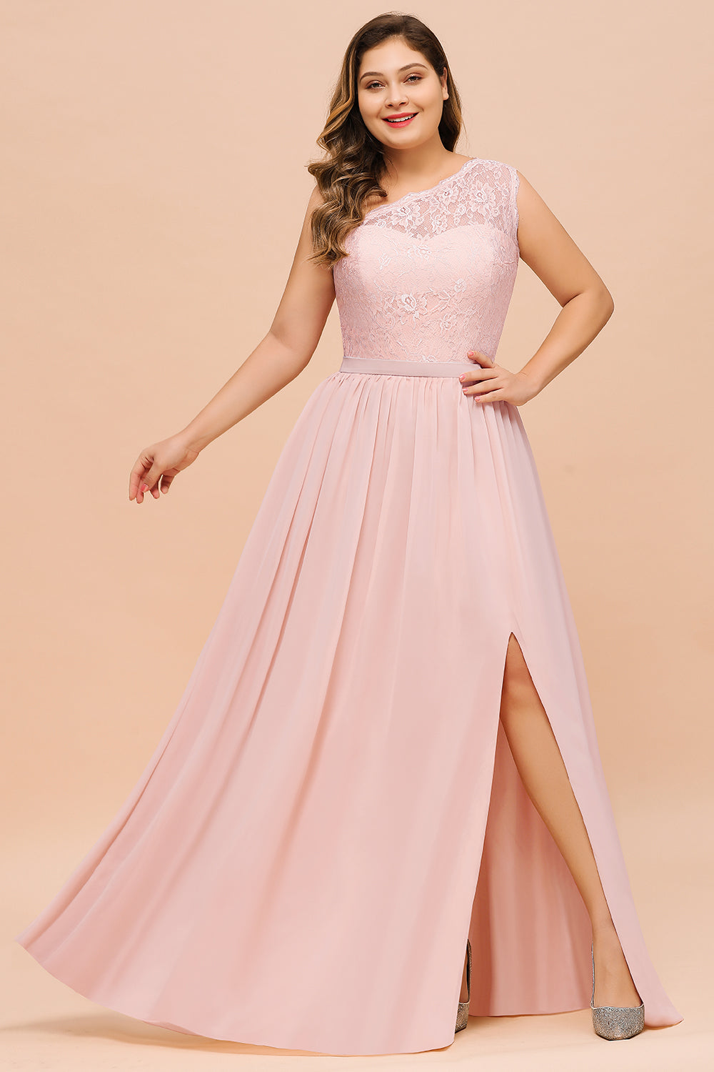 Chic One-Shoulder Pink Lace Bridesmaid dresses with Slit - Fashionpara