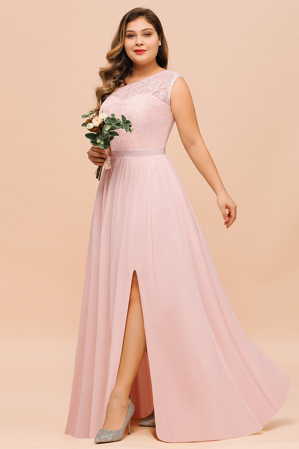 Chic One-Shoulder Pink Lace Bridesmaid dresses with Slit - Fashionpara
