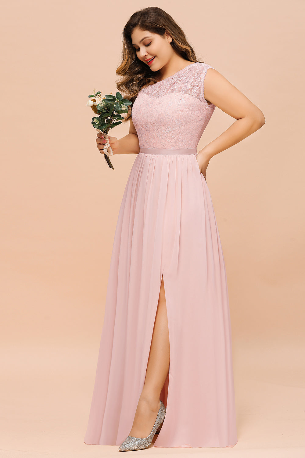 Chic One-Shoulder Pink Lace Bridesmaid dresses with Slit - Fashionpara