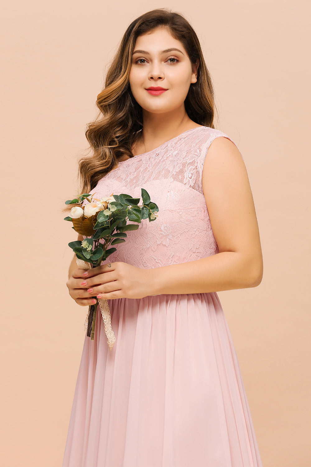 Chic One-Shoulder Pink Lace Bridesmaid dresses with Slit - Fashionpara