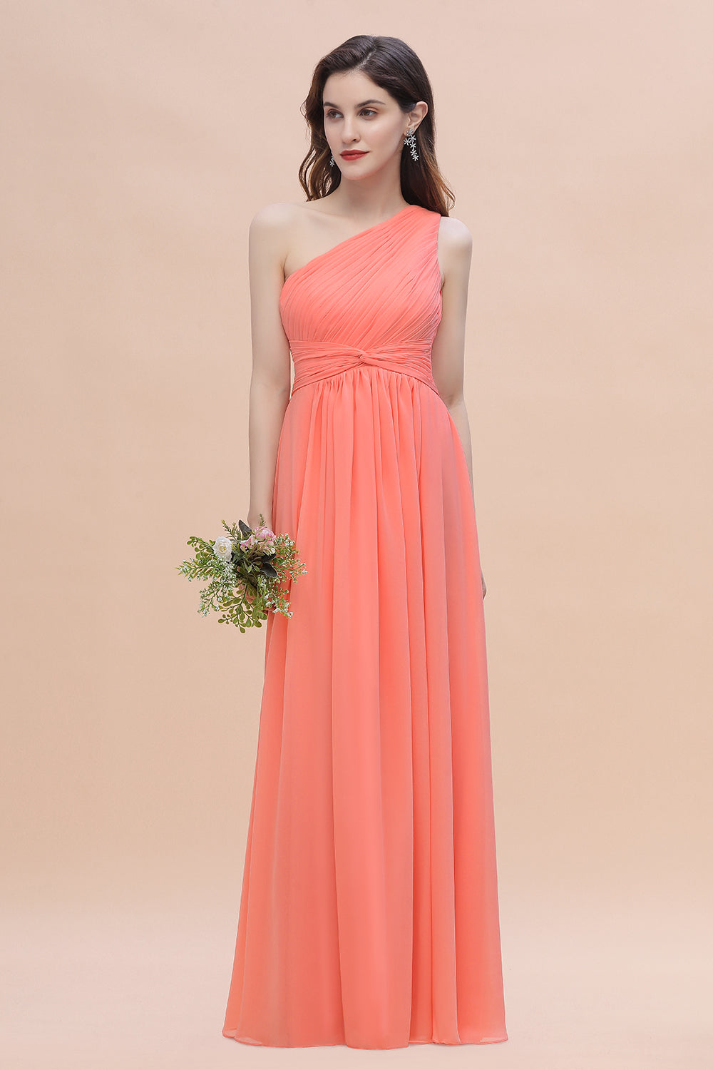 Chic One-Shoulder Ruffles Chiffon Coral Bridesmaid dresses On Sale - Fashionpara