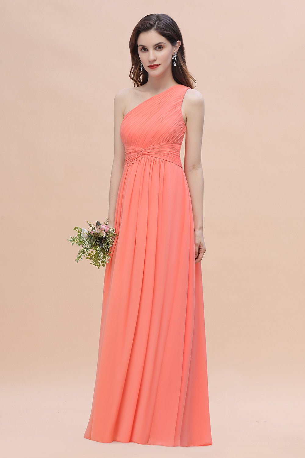 Chic One-Shoulder Ruffles Chiffon Coral Bridesmaid dresses On Sale - Fashionpara