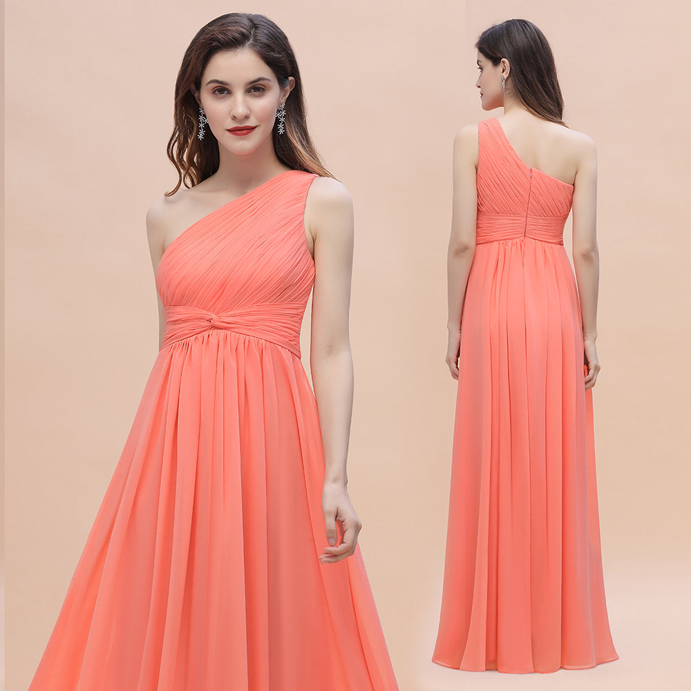 Chic One-Shoulder Ruffles Chiffon Coral Bridesmaid dresses On Sale - Fashionpara