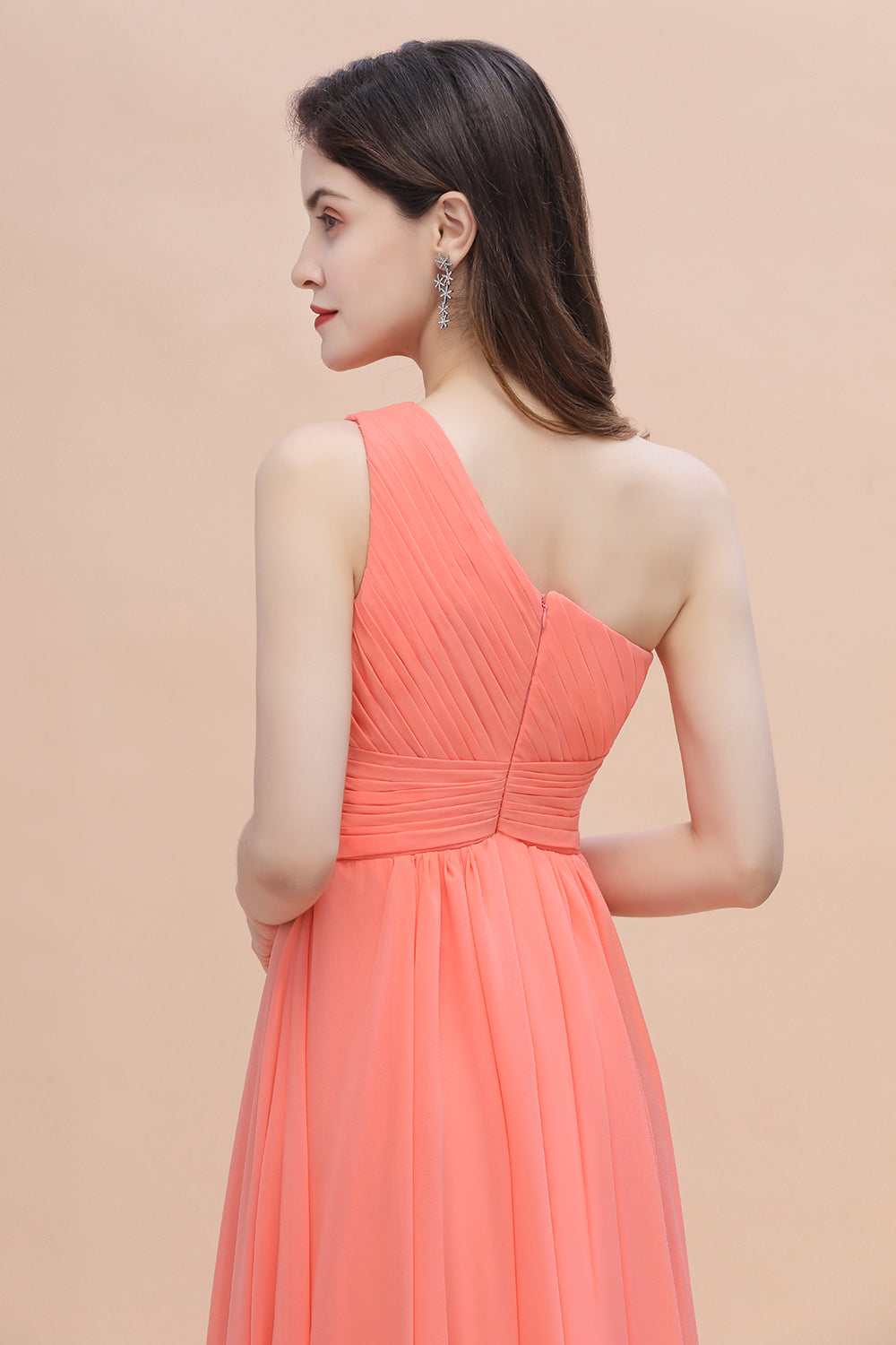 Chic One-Shoulder Ruffles Chiffon Coral Bridesmaid dresses On Sale - Fashionpara