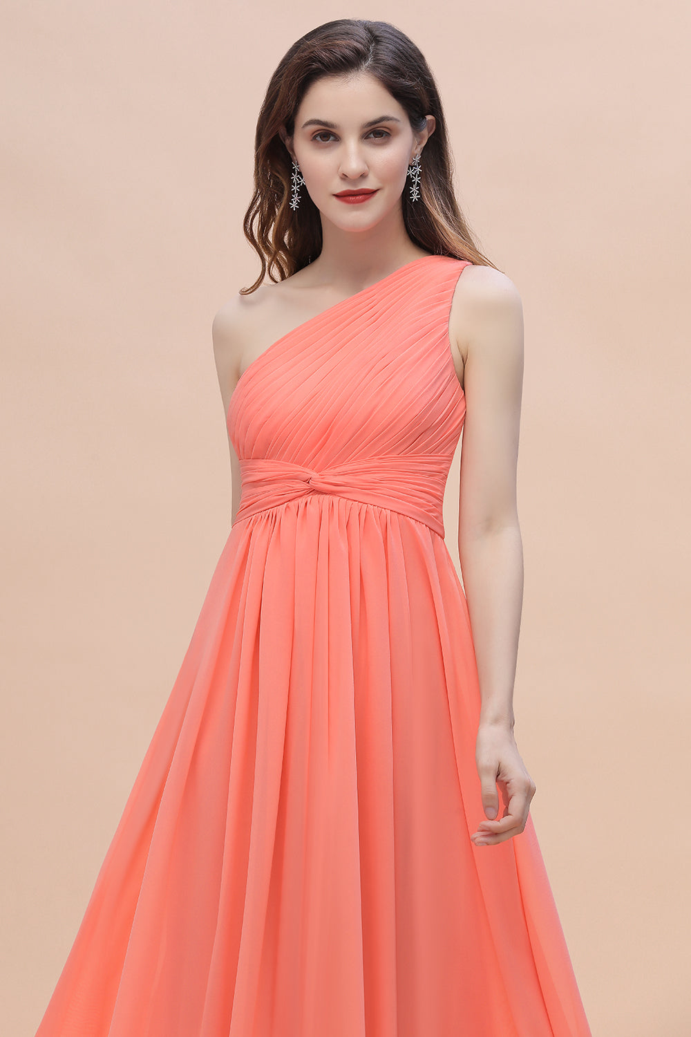 Chic One-Shoulder Ruffles Chiffon Coral Bridesmaid dresses On Sale - Fashionpara