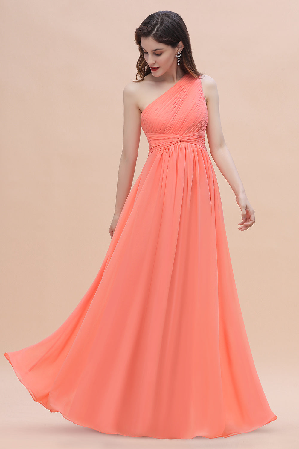 Chic One-Shoulder Ruffles Chiffon Coral Bridesmaid dresses On Sale - Fashionpara