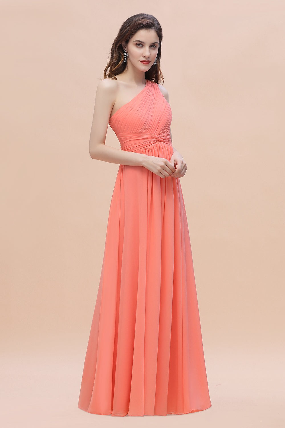 Chic One-Shoulder Ruffles Chiffon Coral Bridesmaid dresses On Sale - Fashionpara