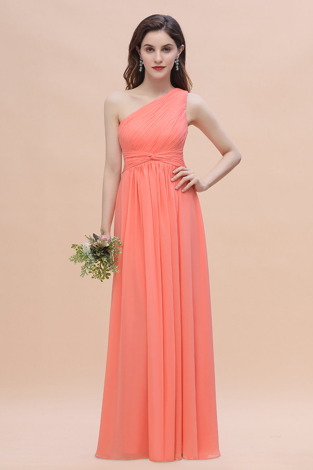 Chic One-Shoulder Ruffles Chiffon Coral Bridesmaid dresses On Sale - Fashionpara