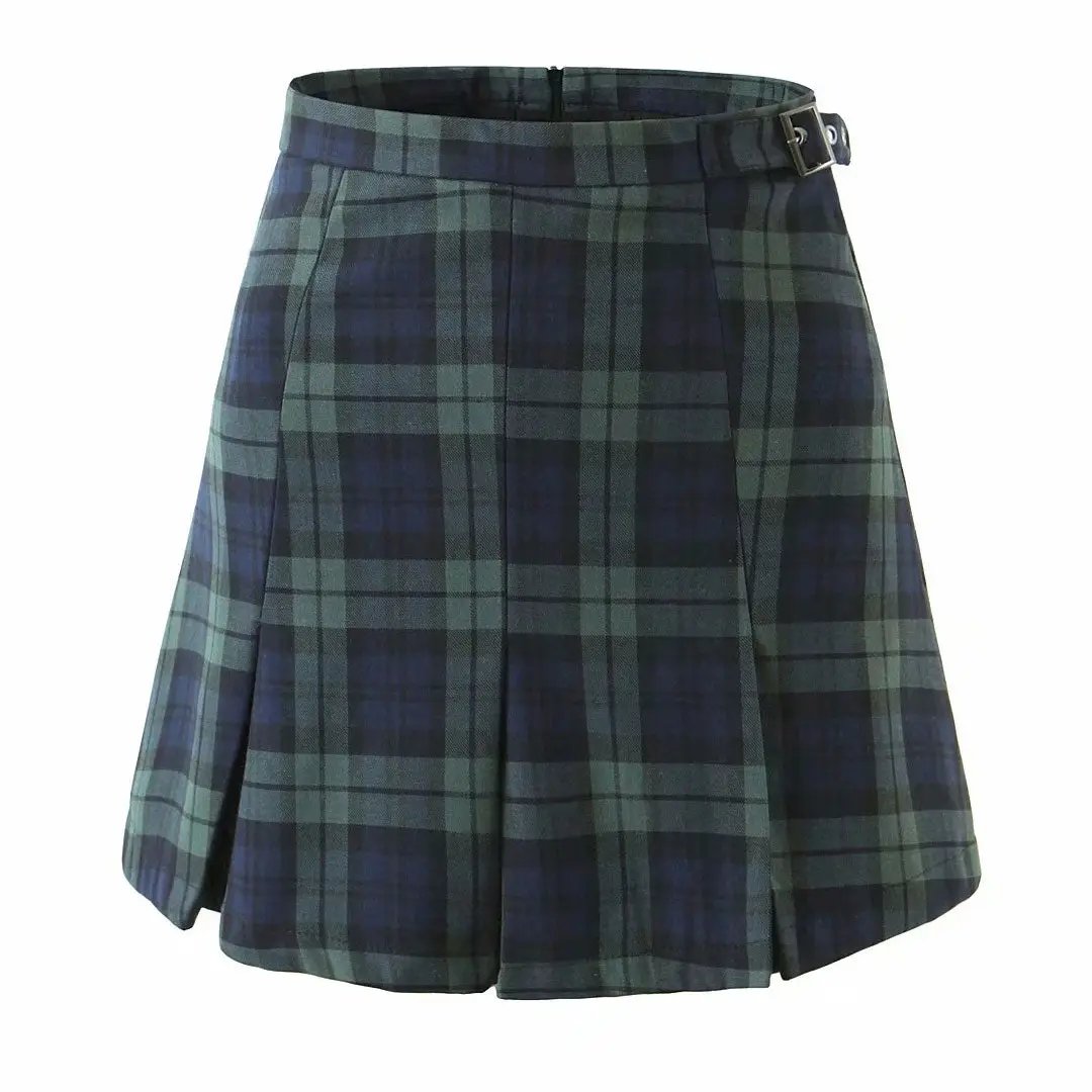 Chic Plaid Print High Waist Buckle Pleated Mini Skirt - Emerald Green Fashionpara