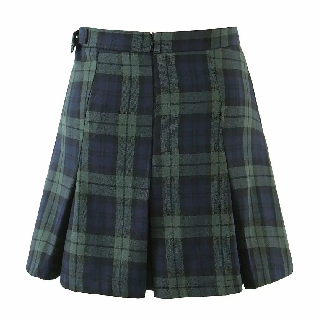 Chic Plaid Print High Waist Buckle Pleated Mini Skirt - Emerald Green Fashionpara