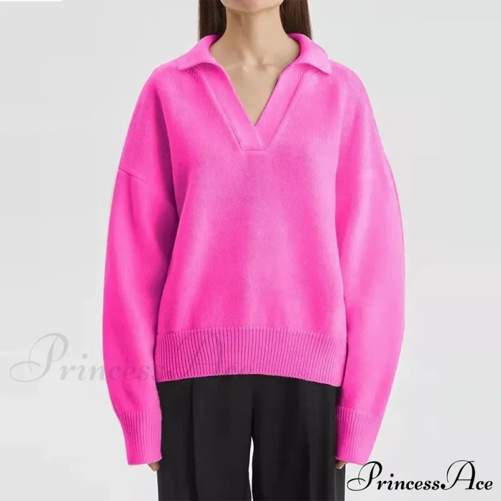 Chic Polo Collar Casual Oversized Solid Color Knitted Christmas Sweater Rose Red / S Sweaters-L