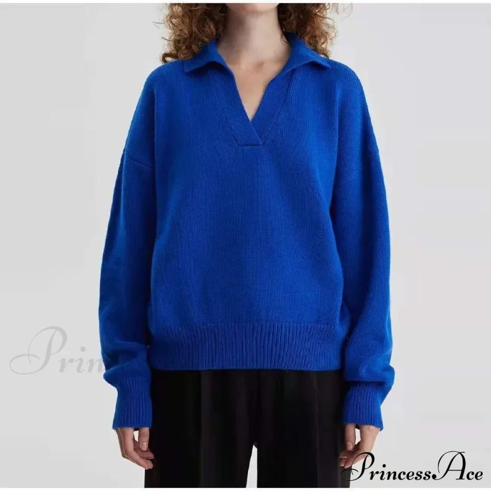 Chic Polo Collar Casual Oversized Solid Color Knitted Christmas Sweater Sky Blue / S Sweaters-L