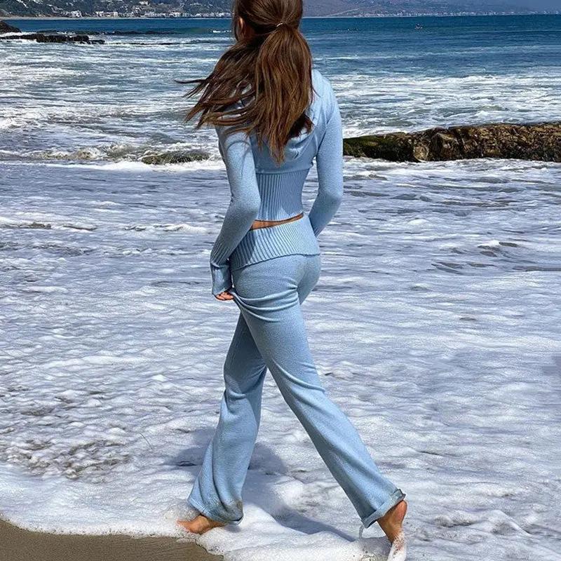 Chic Rib Knit Zip Up Hooded Crop Cardigan Pants Matching Set - Blue  Fashionpara