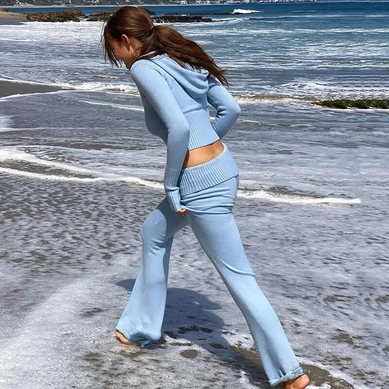 Chic Rib Knit Zip Up Hooded Crop Cardigan Pants Matching Set - Blue  Fashionpara