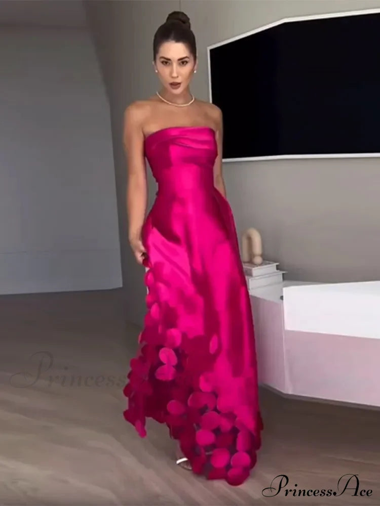 Chic Rose Red Sleeveless Satin Maxi Dress Elegant Backless Pleated Christmas Party Dress
