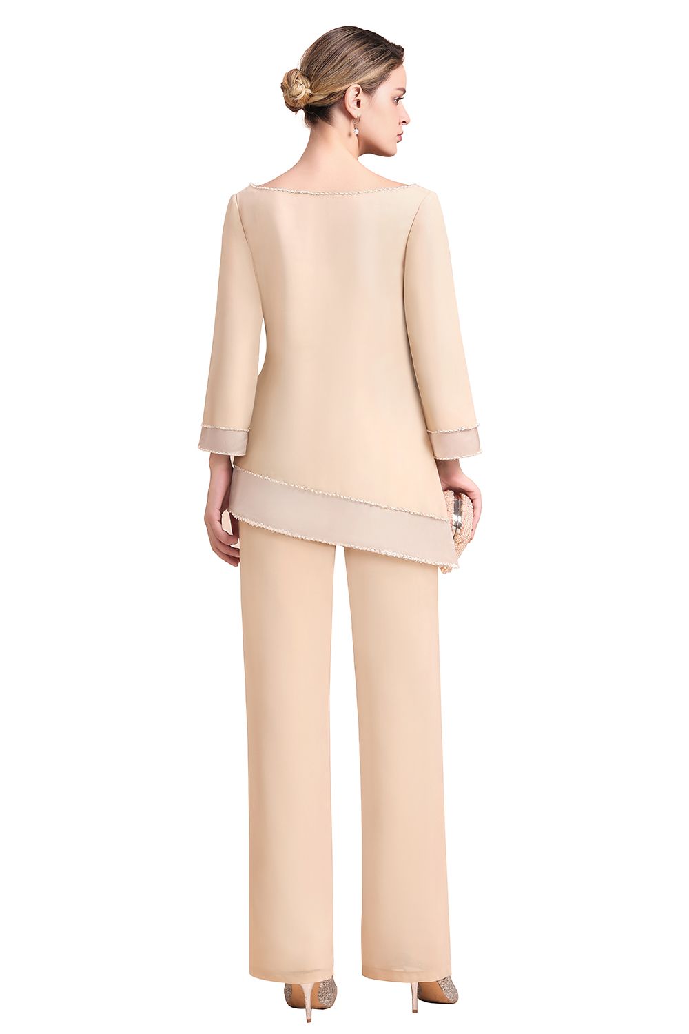 Chic Round-Neck Champagne Chiffon Mother of Bride Jumpsuit - Fashionpara