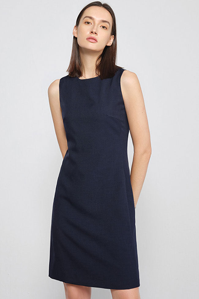 Chic Round Neck Solid Color Fitted Sleeveless Mini Dress - Navy Blue Fashionpara