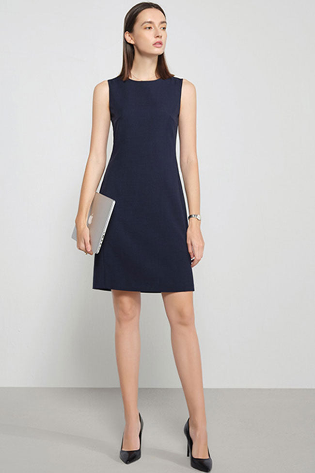 Chic Round Neck Solid Color Fitted Sleeveless Mini Dress - Navy Blue Fashionpara