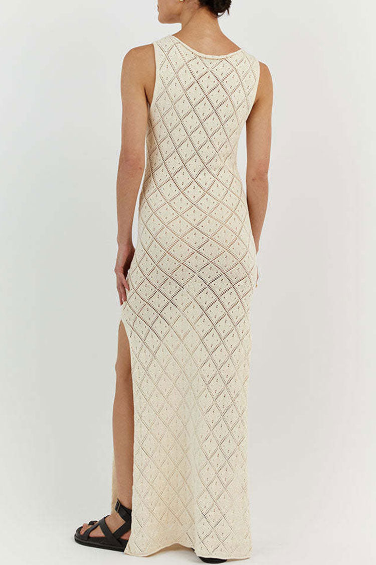 Chic Round Neck Sleeveless Crochet Knit Beach Vacation Maxi Dress - Beige - Fashionpara