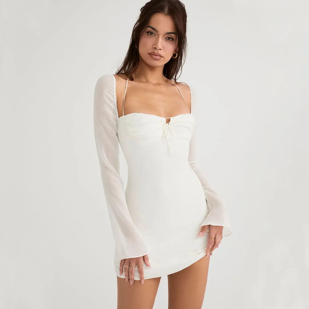 Chic Ruched Halter Neck Drawstring Long Sleeve Mini Dress - White  Fashionpara