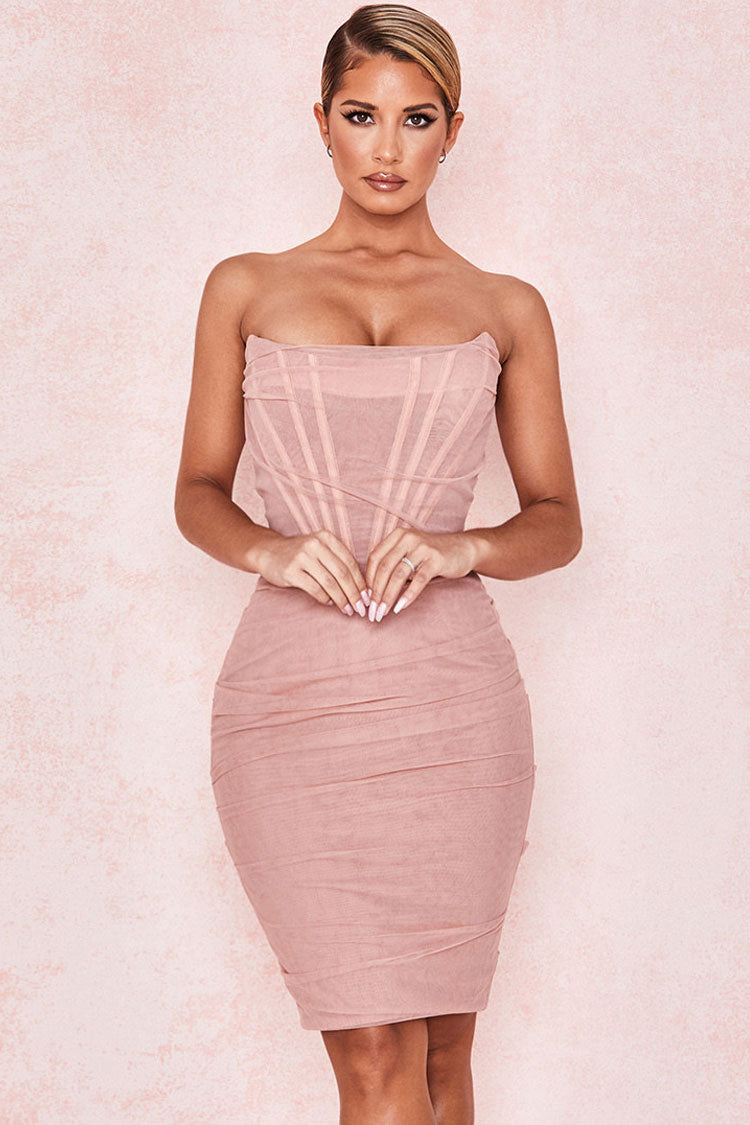 Sheer Mesh Strapless Ruched Corset Bodycon Midi Dress