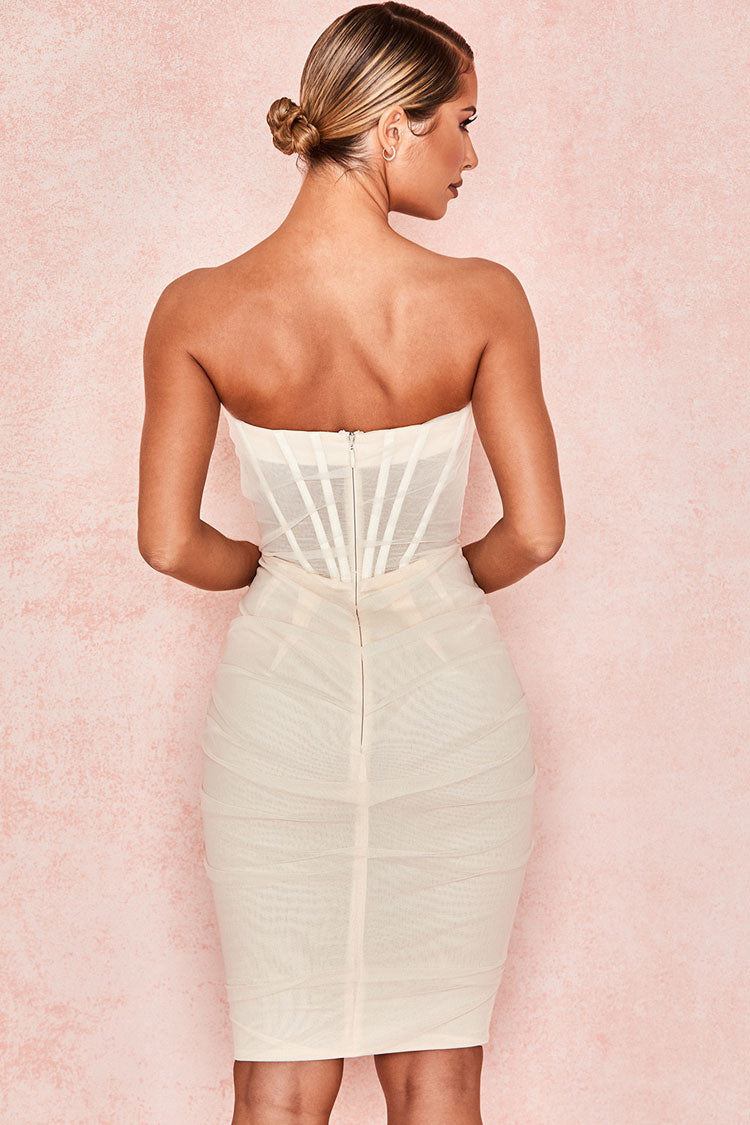 Ruched Mesh Strapless Corset Bodycon Midi Dress 3